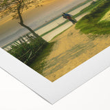 Art deco poster of a serene Bangladesh landscape in muted green and blue tones, printed on rolled canvas.