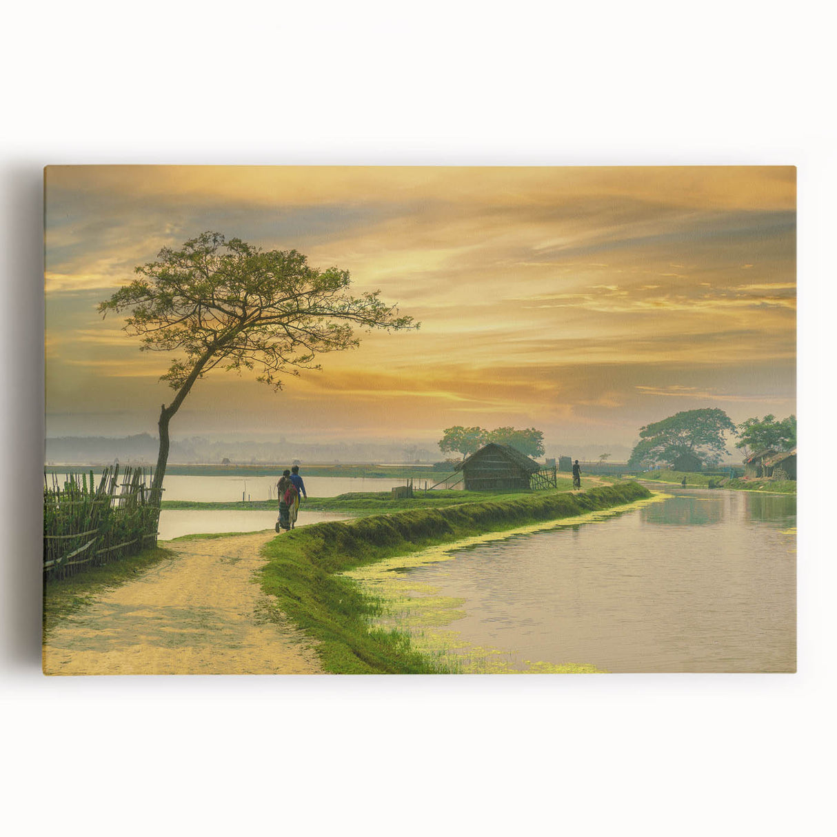 Black and white panoramic photo of a Bangladesh river scene on stretched canvas, suited for kitchen wall art.