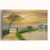 Black and white panoramic photo of a Bangladesh river scene on stretched canvas, suited for kitchen wall art.