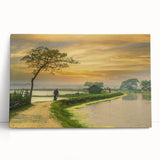Black and white stretched canvas featuring a serene Bangladesh river scene, ideal for kitchen wall art or bedroom ambiance.