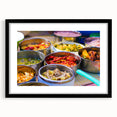 Extra large framed wall art of a colorful abstract Bhutan scenery in vibrant hues, ideal for living room decor.