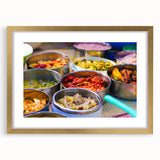 Extra large abstract art print of a Bhutanese landscape in textured gold frame, ideal for living room decor.