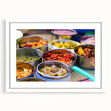 Abstract art print of a Bhutanese landscape in muted earth tones on a framed white mat, ideal for dining room decor.