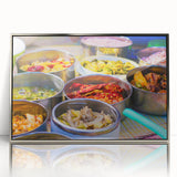 Mid-century modernist art of Bhutan scenery in silver framed acrylic, featuring muted earth tones.