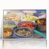 Art deco poster of a serene Bhutanese landscape in muted colors, framed acrylic.