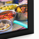 Extra large black wall art featuring a textured, colorful Bhutanese landscape on framed canvas, ideal for living room decor.