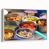 Vintage poster art of a Bhutanese landscape in vibrant colors on a framed canvas, ideal for living room decor.