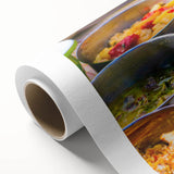 Art Deco style poster of Bhutan scenery on rolled canvas, featuring muted earth tones, ideal for nursery wall art.