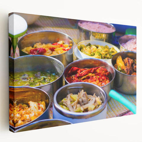 Large art depicting an Asian landscape in Bhutan on stretched canvas, with muted earth tones, ideal for kitchen wall art.