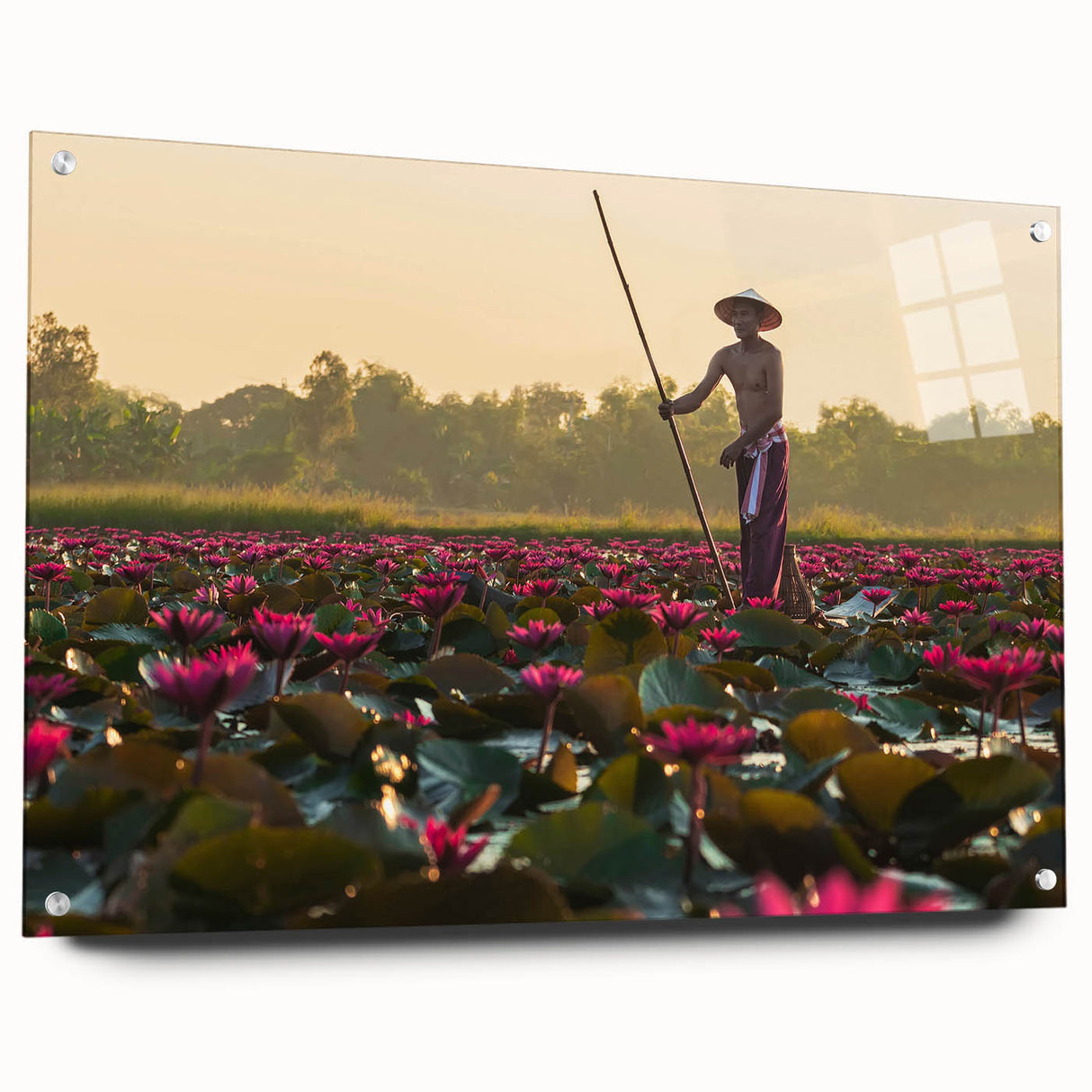 Acrylic print of a Cambodian landscape in muted earth tones, ideal for dining room decor.