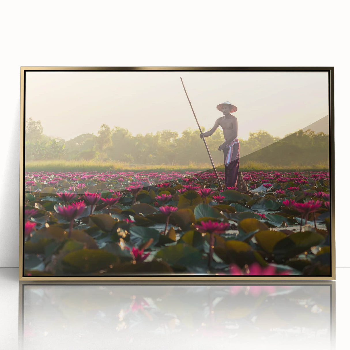 Large art print of a Cambodian landscape in muted earth tones, framed in gold acrylic, suitable for modern art wall decor.