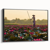 Black and white framed canvas of a Cambodian landscape, ideal for bedroom wall art.