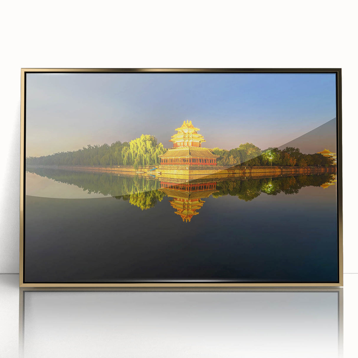 Framed acrylic print of Beijing's skyline in gold tones, ideal for modern art wall decor.