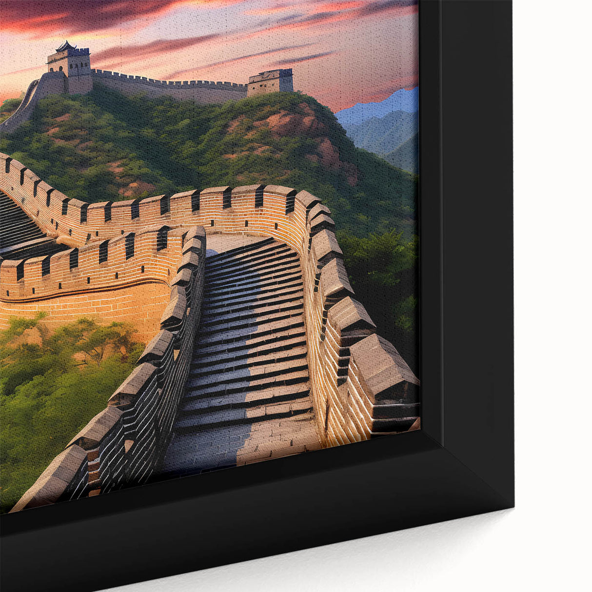 Extra large framed canvas of the Great Wall of China in black with colorful, textured art, ideal for living room decor.