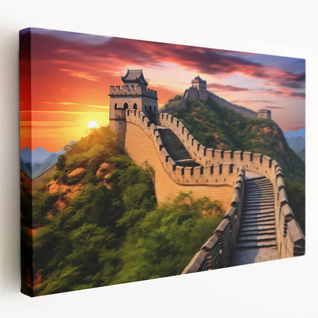 Side view of the Great Wall of China on a stretched canvas, portrayed in muted earth tones, suitable for kitchen wall art.