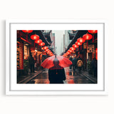 Abstract art print of Shanghai skyline in muted gray and blue tones on a framed white mat, ideal for dining room decor.