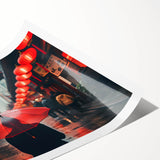 Extra large wall art featuring line art flowers over a muted backdrop of Shanghai's skyline, printed on rolled canvas.