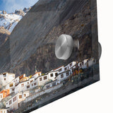 Large abstract wall art depicting the Tibetan landscape in muted earth tones on acrylic glass, ideal for dining room art.