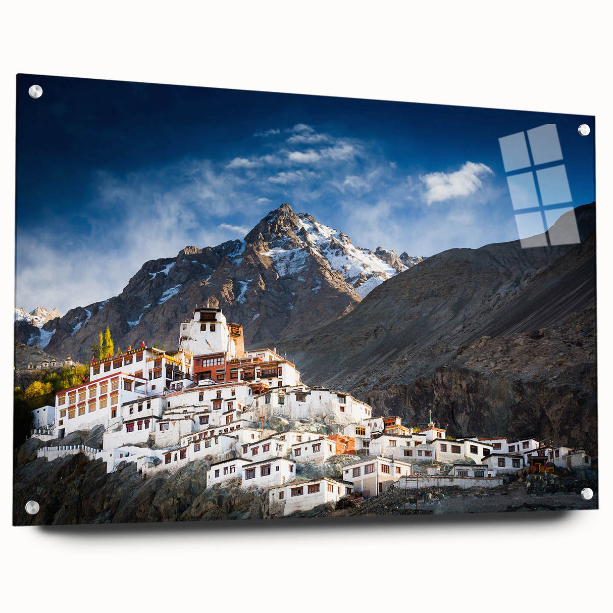 Large abstract wall art depicting a Tibetan landscape in muted earth tones on acrylic glass.