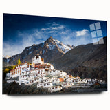 Large abstract wall art depicting a serene Tibetan landscape in muted earth tones on acrylic glass.