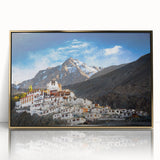 Framed acrylic print of a Tibetan landscape in muted gold and green tones, suitable for modern art wall decor.