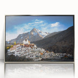 Mid-century modernist art of Tibetan landscape in muted earth tones on a silver-framed acrylic print.