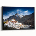 Black and white framed canvas depicting a Tibetan landscape, ideal for bedroom wall decor in vintage poster art style.