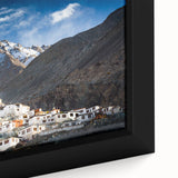 Extra large framed canvas depicting a textured, colorful Tibetan landscape in black, ideal for living room decor.