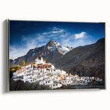 Framed canvas featuring a vintage-style landscape art painting of Tibet, with colorful art elements and black borders.