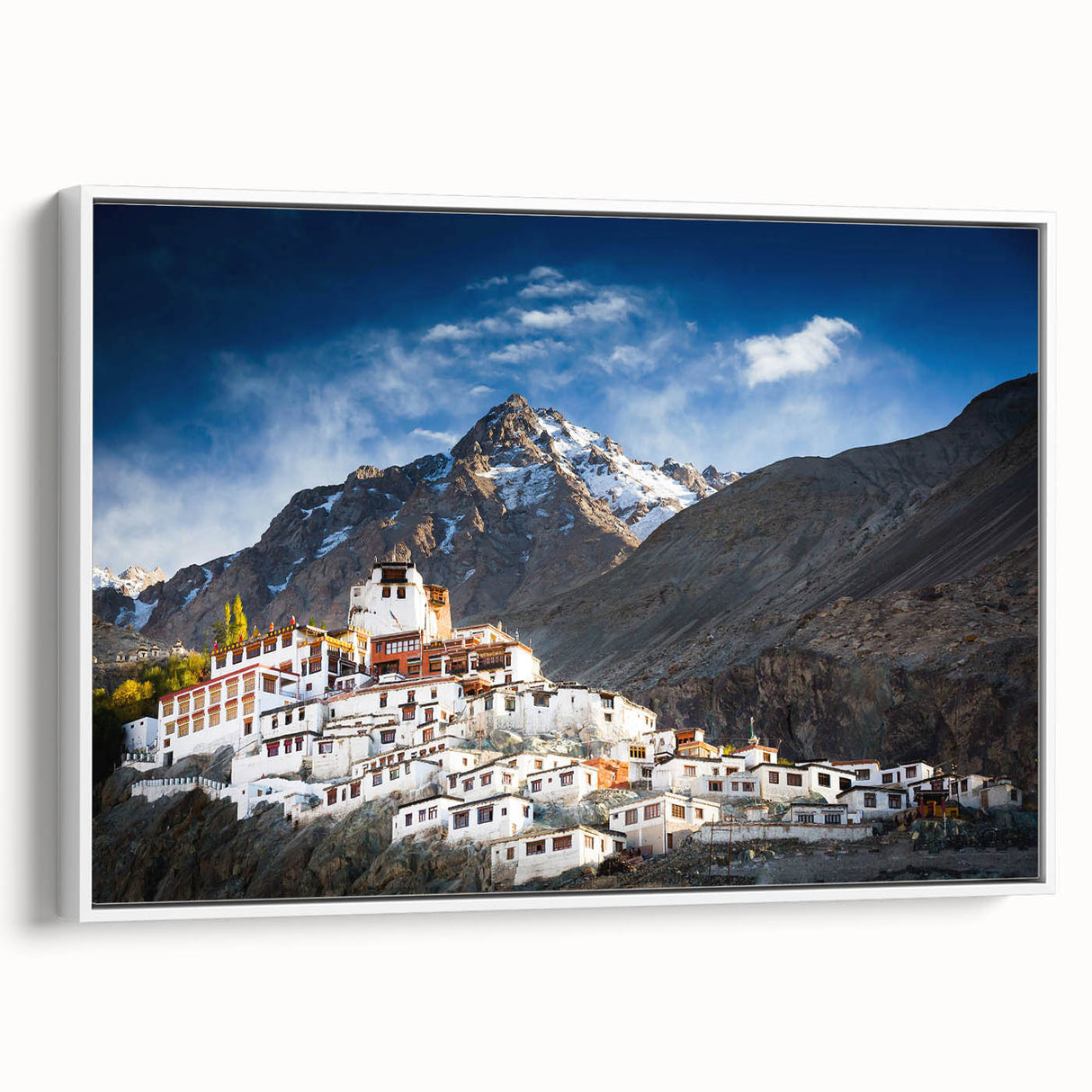 Vintage poster art of a Tibetan landscape in colorful hues on a framed canvas, ideal for living room decor.