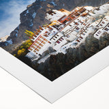 Art deco poster featuring a serene Tibetan landscape in muted earth tones on rolled canvas, suitable for dining room decor.