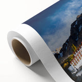 Art Deco style poster of Tibet landscape in muted blue and green hues on rolled canvas, ideal for nursery wall art.