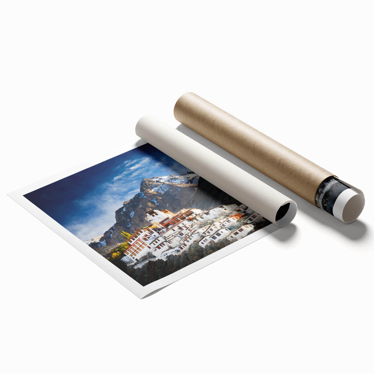 Extra large rolled print of a Tibetan landscape with muted floral elements, ideal for classy bathroom wall art.
