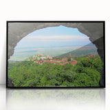 Large abstract wall art featuring geometric shapes in muted earth tones on a framed acrylic.