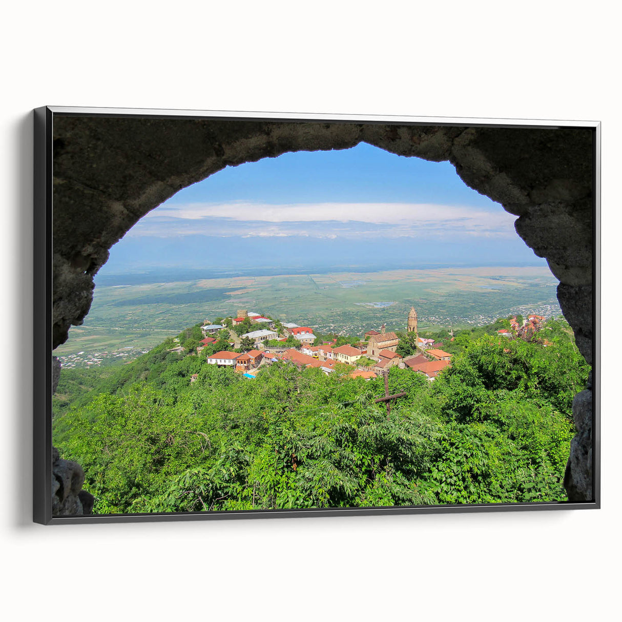 Black and white framed canvas of a vintage-style Asian landscape, ideal for bedroom wall decor.