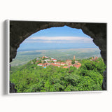Vintage poster art of Asian scenery on a framed canvas, featuring vibrant colors, ideal for living room decor.