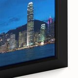 Extra large framed canvas featuring a textured depiction of Hong Kong scenery in black with colorful accents.
