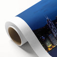 Art Deco poster of Hong Kong skyline in muted gray and blue tones on rolled canvas, ideal for nursery wall art.
