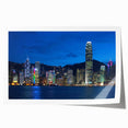 Hong Kong skyline in muted gray tones on a large rolled canvas, suitable for dining room wall art.