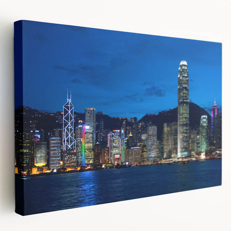 Hong Kong cityscape on large stretched canvas with vivid blue and grey tones, suitable as kitchen wall art.