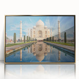 Mid-century modernist style large art print of an Indian landscape in gold and green tones on acrylic, framed.