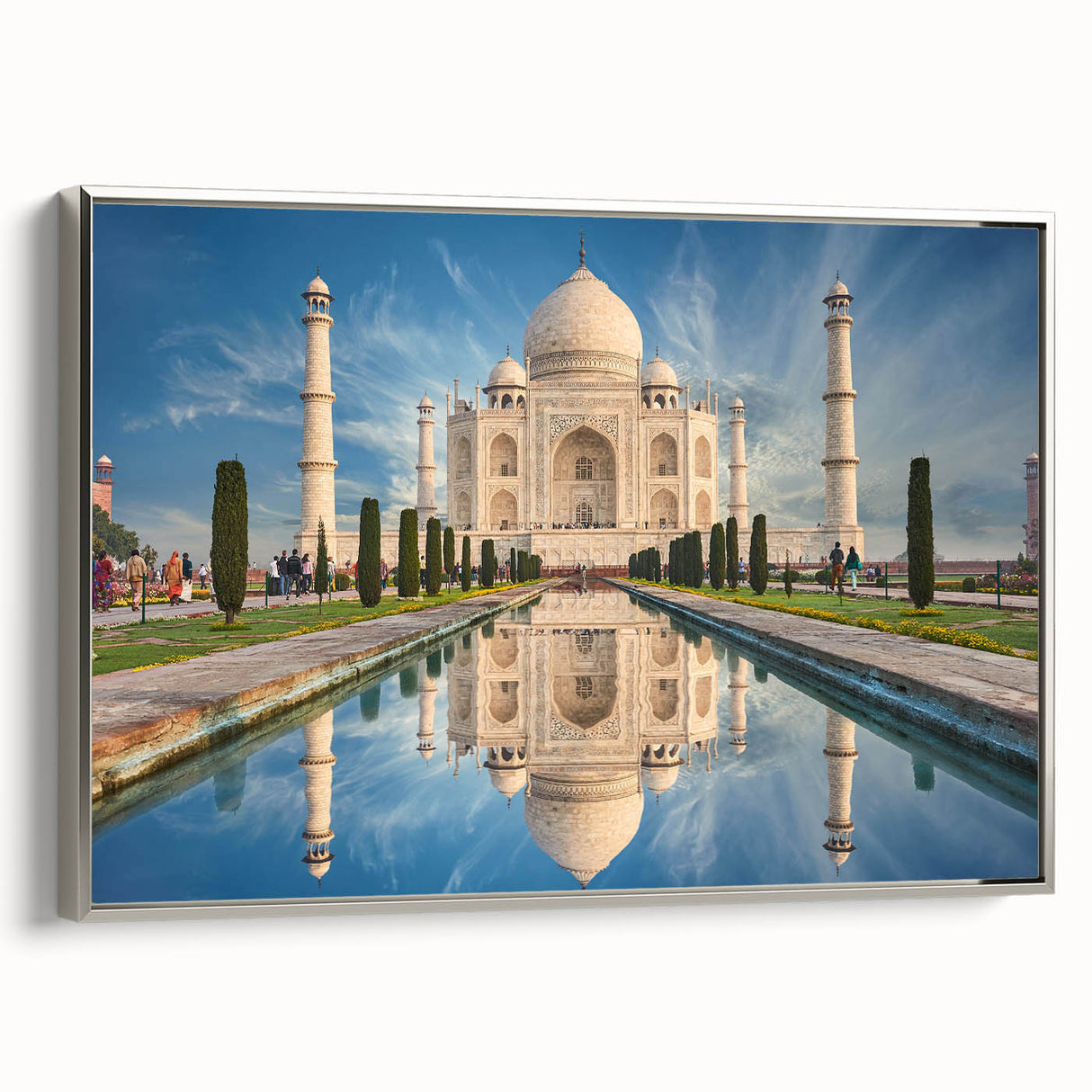 Landscape art painting of a scenic Indian village on framed canvas, featuring vibrant colors against a black background.