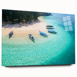 Large abstract wall art depicting a serene Indonesian landscape in muted earth tones, printed on acrylic glass.