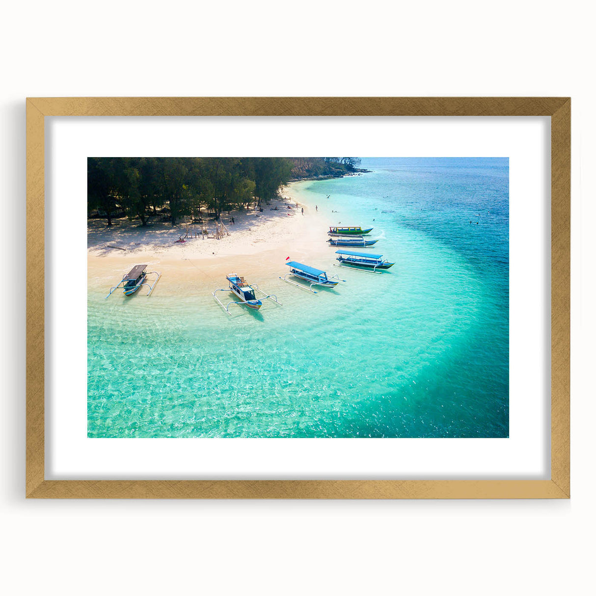 Extra large abstract art print featuring textured scenery of Indonesia in muted earth tones, framed in gold.