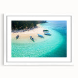 Abstract art print of an Indonesian landscape in muted earth tones on a white-framed mat, suitable for dining room decor.