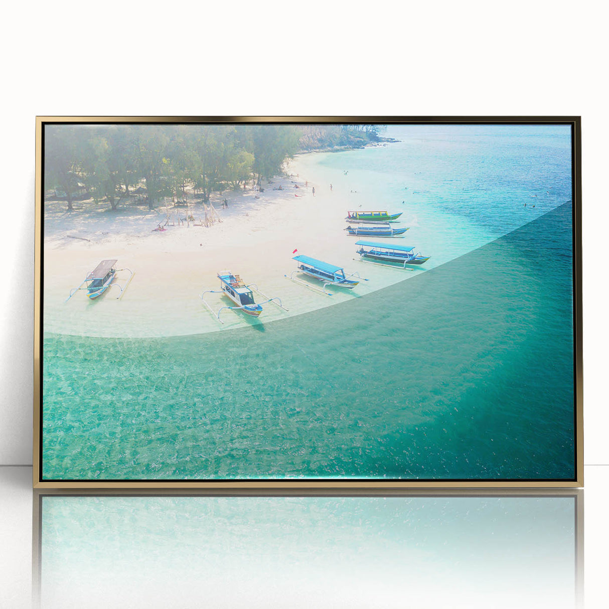 Mid-century modernist acrylic print of an Indonesian landscape in gold tones, ideal for modern art wall decor.