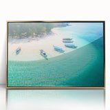 Mid-century modernist acrylic print of an Indonesian landscape in gold tones, ideal for modern art wall decor.