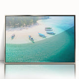 Mid-century modernist art depicting a serene Indonesian landscape in muted earth tones on a framed acrylic panel.