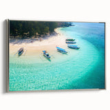 Framed canvas featuring a colorful Indonesian landscape with vibrant greens and blues.