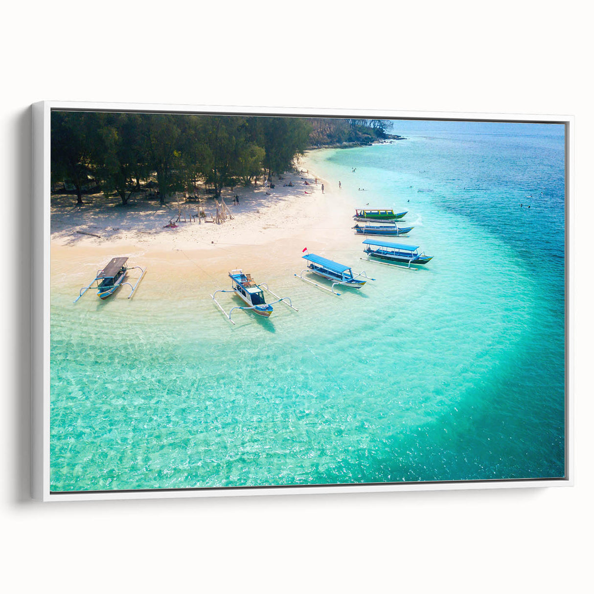 Vintage poster art of an Indonesian landscape in vibrant colors on a large framed canvas, ideal for living room decor.